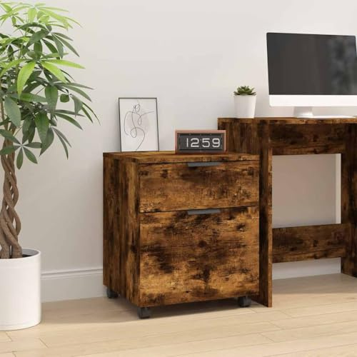 Hoopleep Mobile Filing Cabinet with Wheels, Smoked Oak 45 x 38 x 54 cm, Wood Material, Rolling Container for Office and Bedroom, Flexible Storage