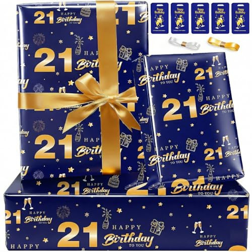21st Birthday Wrapping Paper Set with Tags Ribbons,Birthday Gift Wrapping Paper for Men Him Happy Birthday Paper Wrapping Present Wrap Luxury Gift Wrap Paper for Birthday Gifts Decorations Blue Gold