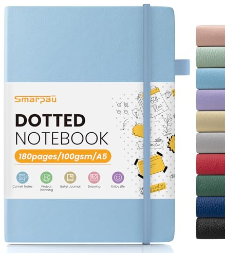 Smarpau Dotted Notebook A5, Bullet Dot Grid Journal with 180 Pages, 100 GSM Thick Paper No Bleed, Leather Journal for Office School Travel Writing, 14.5 X 21 cm - Blue