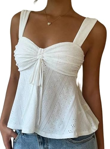 Springcmy Womens Flowy Peplum Tops Dressy Eyelet Tie Front Ruched Spaghetti Strap Drawstring Babydoll Tank Going Out Beach Tops (A White, M)