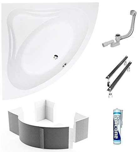ECOLAM symmetrische Badewanne Eckwanne Mia 140x140 cm Acryl weiß + Wannenträger zum Verfliesen Ablaufgarnitur Ab- und Überlauf Automatik Füße Silikon Komplett-Set