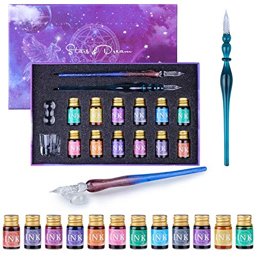 FURNIZONE Glass Dip Pen Ink Gift Set 16 Pack, 2 Calligraphy Crystal Dip Pen with 12 Color Drawing Ink for Art/Painting/Writing, with Holder and Clean Cup for Drawing Beginners Gift