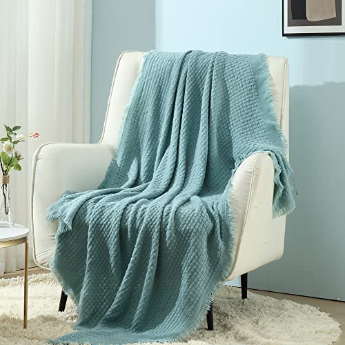 CREVENT Textured Knitted Throw Blanket Cover for Couch Sofa Chair Bed Home Decoration, Soft Warm Cozy Light Weight for Spring Summer Fall (127cmX152cm Teal Blue)