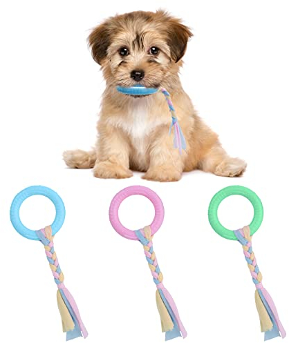 Cobee Beißspielzeug für Welpen mit Baumwollseilen, 3 Stück Kauringe aus Gummi für kleine Hunde, Mundzähne, lindert Juckreiz, interaktives Haustierspielzeug für kleine/mittelgroße (Rosa, Grün, Blau)