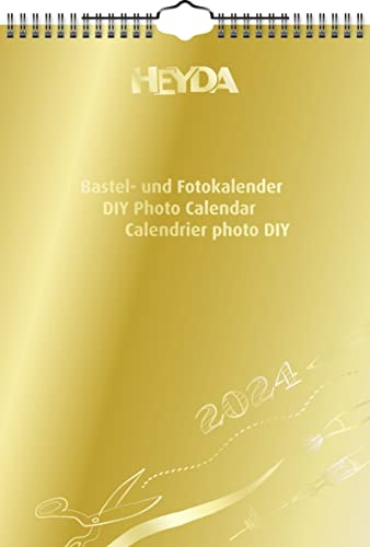 Heyda Hantverkskalender 2024, 1 ark = 1 månad A4, omslagsblad: guld, månadsblad: svart