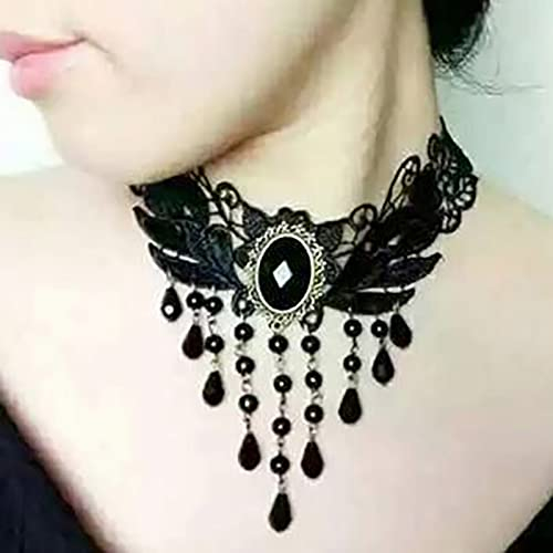 Atentuyi Spitze Halskette Schwarzes Kropfband Gothic Halskette Kristall Anhänger Halskette Vintage Schwarzes Edelstein Kropfband Viktorianische Halskette Dicker Kropfschmuck Für Frauen Und Mädchen