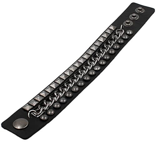 Ro Rox Stud Cuff Bracelet Chain Faux Leather Gothic Punk 3 Row Wristband, Black, One Size