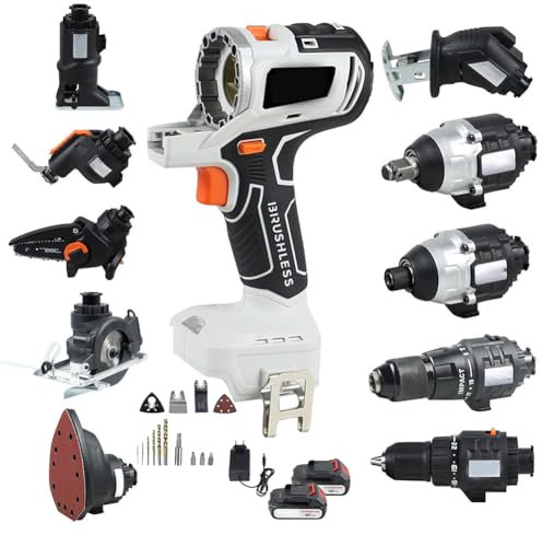 Brushless Power Tool Combo Kit 10 in 1 Cordless Woodworking Tool Set,Recip Saw Jig saw Circular Saw Chainsaw Oscillating Tool Screwdriver Wrench Impact Drill Sander, 2 x 4.0Ah Battery & Tool Box