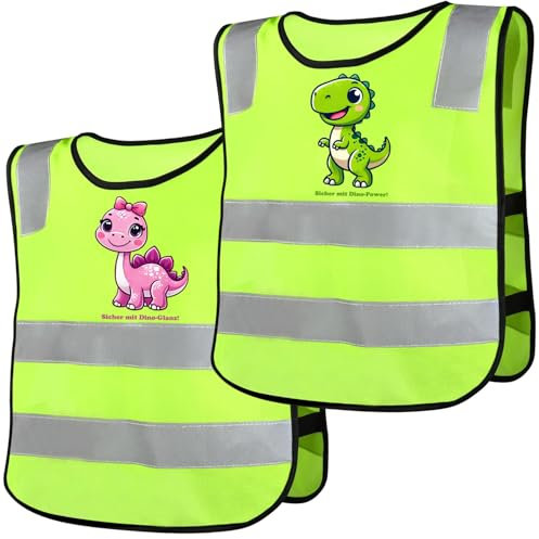 NIEEKRUN 2er Set Kinder Warnweste, Reflektorweste mit Niedlichem Dino-Design für Jungen und Mädchen, 360° Sichtbarkeit Sicherheitsweste Kinder, Ideal für Schule und Sport