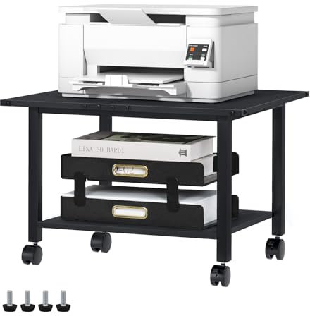 LELELINKY Mesa de impresión con ruedas, soporte móvil de 2 pisos, soporte para impresora con ruedas bloqueables, carro de impresión para oficina, fax y hogar, 52,5 x 40 x 36 cm, color negro