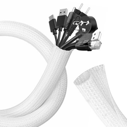 ZAVIA Cable Tidy Sleeve | Wire Covers for Cables 10ft-1/2inch Cable Sleeve for Computer, TV, Home, Office| Cable Management Sleeve | Braided Cable Sleeve with Slot Opener (Black) (White, Pack of 1)