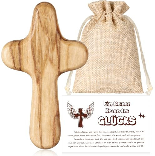 BBTO Kreuz aus Olivenholz Handgefertigtes Prüfung Glücksbringer Kreuz Handschmeichler Kruzifix Geschenk mit Beutel und Karte Gebet Christliches Geschenk für Familie Freunde Patient Taufe Kommunion