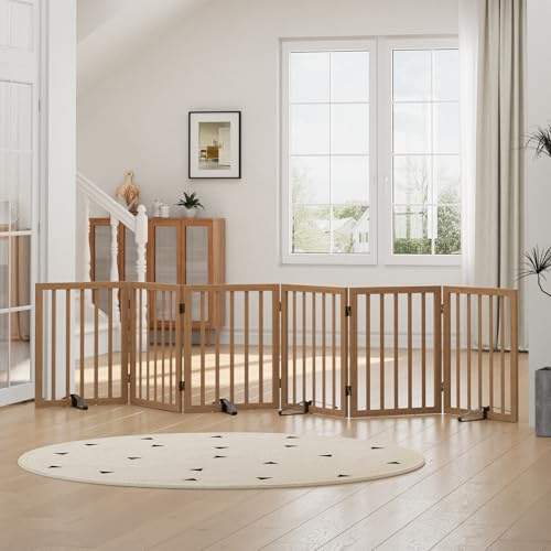 Dog Gates for Doorways, Foldable Dog Gate Indoor, Freestanding Pet Gates for Doorways Bedroom, Puppy Gate with Metal Support Feet, Room Divider,6 Panels (Dark Walnut)