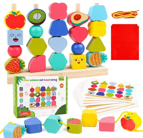 Montessori Giocattoli a partire da 2 3 4 5 6 anni, giocattolo in legno con gioco a incastro, gioco a filo, mattoncini e pietre impilabili, gioco di smistamento e carte educative, regalo per bambini