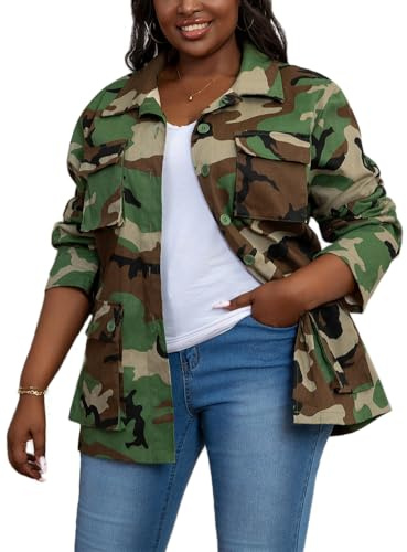 XNMHL Camo Blazer for Women Camouflage Pattern Cargo Jacket Plus Size, Green, 2X-Large