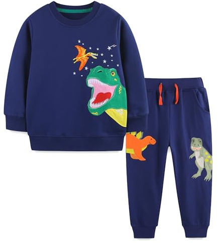 Tokeya Survêtement Enfant Garcon Ensemble Jogging Manches Longues Coton Ensembles Décontracté Dinosaure Imprimé Sweatshirt Pantalons et Haut Sportswear Automne Hiver Vêtement pour 3-4 Ans, Bleu Marine