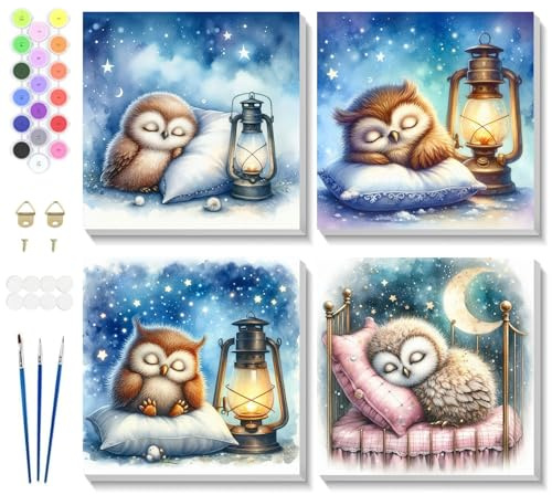 Fumupe Confezione da 4 gufi dipinti con numeri, adulti e bambini con cornice, pittura con i numeri, gufo che dorme, set fai da te, per adulti, dipinti a mano, pittura a olio, regali per la casa, 20 x