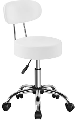 Yaheetech Adjustable Stool on Wheels with 10cm Cushion, Rolling Stool with Back Support, Office Computer Swivel Chair, PU Leather Easy-Clean Surface for Home Office/Salon Silent, White