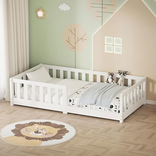 ML-Design Barnsäng 80x160 cm Vit, Golvsäng för Småbarn med Starkt Lattenrost och Rausfallskydd, Junior Säng i Hållbart Massivt Furu Trä, Enkel Bekväm Säng för Pojkar och Flickor med Robust Sängram