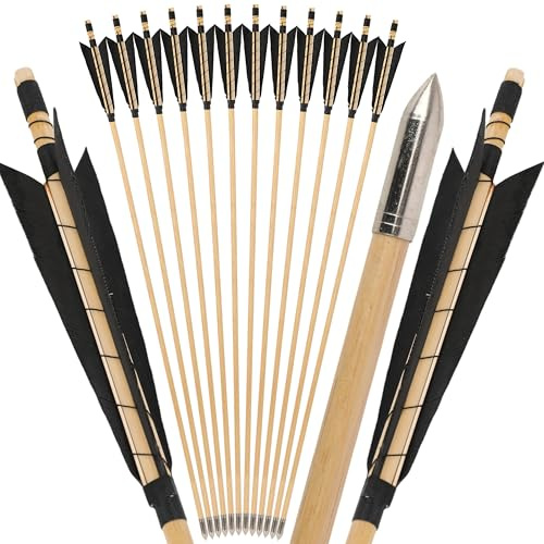 limaity Flèches en Bois de 32 Pouces pour tir à l'arc Flèches de Chasse Traditionnelles avec Plumes Naturelles de 5 Pouces Flèches en Bois pour Arc Classique et Arc Long (6 pièces,3 Noirs