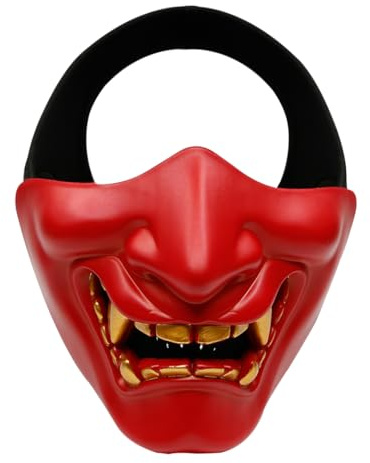 Airsoft Half Face Masks, Evil Demon Monster Kabuki Samurai Hannya Oni Half Face Protective Masks for Masquerade Ball, Party, Halloween, Cs War Game, BB Gun(Red)