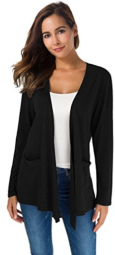 TownCat Womens Lightweight Cardigans Long Sleeve Open Front Casual Cardigan with Pockets (Black,L)