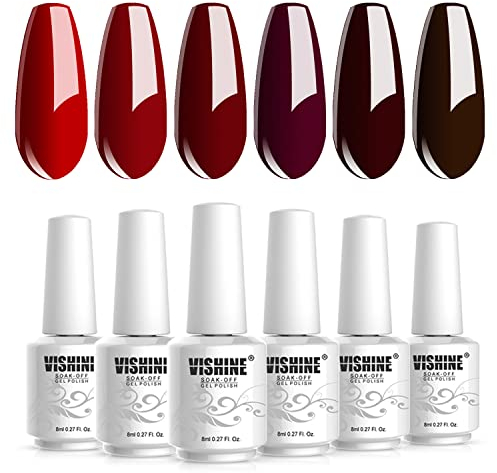 Vishine – Juego de 6 Esmalte de uñas Gel Semi Permanente Blanco Negro Rojo Oscuro purpurina gris Soak Off UV LED Gel Polish para Nail Art Kit