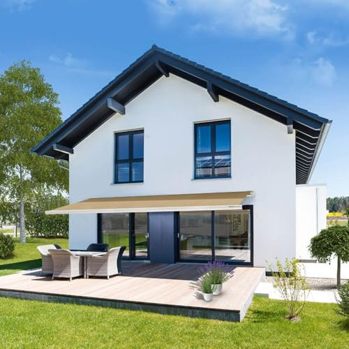 Home Deluxe - Toldo LED cofre completo ELOS - color arena, 585 x 300 cm - incl. sensor de viento y sol, mando a distancia, manivela, material de montaje I Cubierta de patio Protección solar Protección