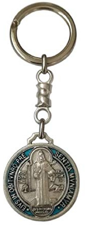 St Benedikt av Nursia Medalj Nyckelring silverpläterad - Saint Benedict Handmålad Diameter 3 cm