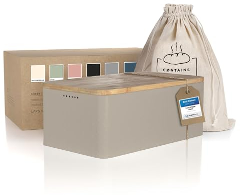 LARS NYSØM Portapane con sacchetto per il pane incluso in lino I Cassetta per Pane con freschezza particolarmente duratura I Portapane con coperchio in bambù adatto come tagliere (Taupe Brown)