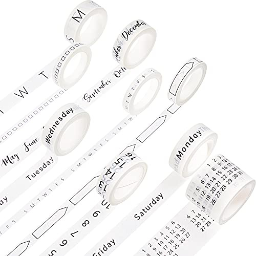 Chuangdi 9 Rolls Calendar Washi Tape Set Day Week Month Number Vintage Calendar Date Washi Masking Tape Decorative Patterned Marking for Arts Crafts Journal Planner(White)