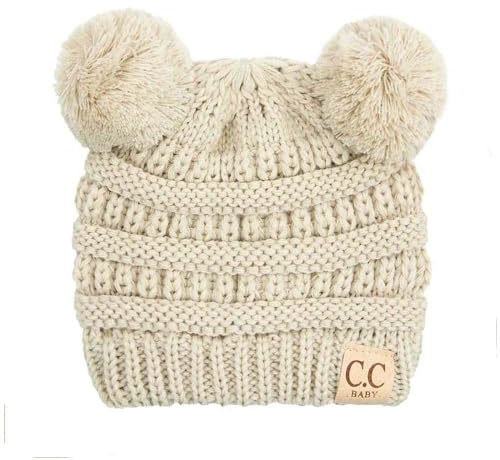 C.C Kids' Babies' Soft Stretch Cable Knit Faux Fur Pom Pom Beanie Hat, Solid Beige