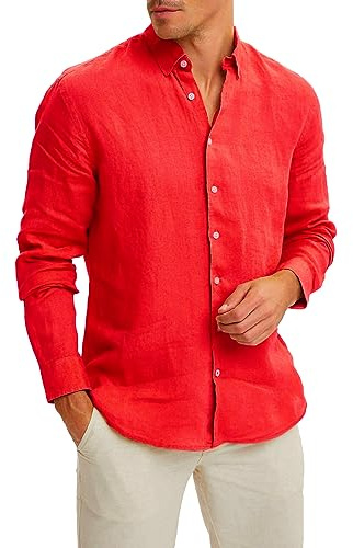 Evoga Camisa de Lino Hombre Sartorial Casual Elegante Primavera Verano, rojo, M