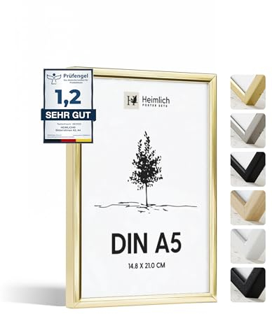 Heimlich® - Cornice per foto - A5 14,8x21 cm, Alluminio Metallo, Oro - Cornice per collage di poster di diploma con copertura in foglio di plastica - Montaggio a parete o esposizione da tavolo