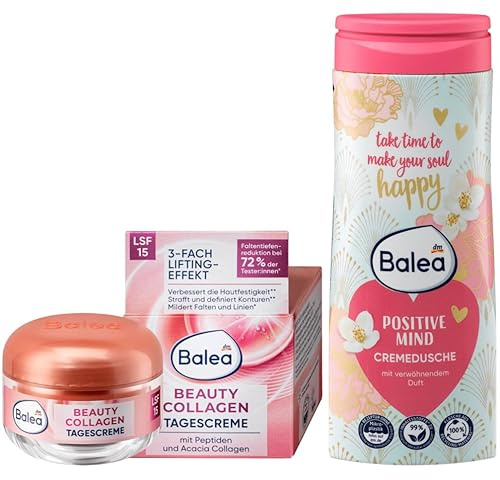 Balea 2er-Set Hautpflege: Tagespflege BEAUTY COLLAGEN LSF15 für verjüngtes & gestärktes Hautbild (50 ml) + Duschgel POSITIVE MIND milde ph-neutrale Cremedusche mit zartem Blumenduft (300 ml), 350 ml