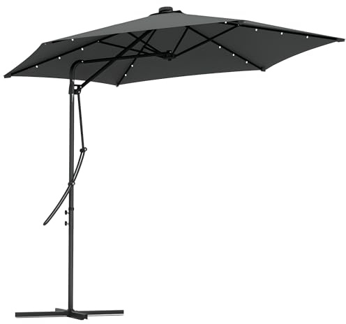 Outsunny 3(m) Cantilever Parasol with Solar LED and Easy Lever, Garden Parasol Umbrella with Cross Base and Waterproof Cover, Outdoor Sun Shades, Dark Grey