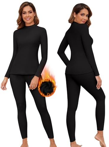 WOWENY Thermounterwäsche Damen Fleece Skiunterwäsche Set Winter Unterwäsche Warm Funktionsunterwäsche Thermo Oberteil mit Stehkragen & Thermohose Leggings für Alltag Skifahren Wandern(Schwarz, L)