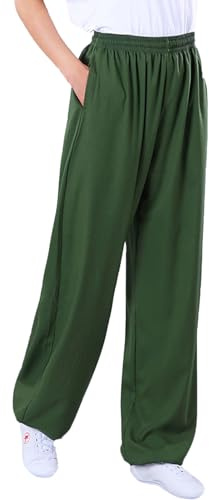 Cotton and Linen Tai Chi Pants for Men Women Training Elastic Belt Kung Fu Trousers Martial Arts Bottoms (Green, XL)