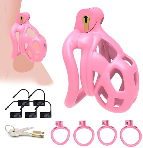 GKLWEJ Gabbia per pene, gabbia per pene con 4 anelli per il pene e serratura, cintura di castità per uomo,pink,XS