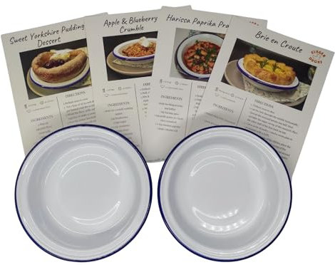 Ginger Ducks Enamel Small Pie Dish Set, 2 Round Tins,Vintage Design, Oven and Dishwasher Safe, with Recipe Cards, Classic White Blue Design, Christmas Starter & Dessert