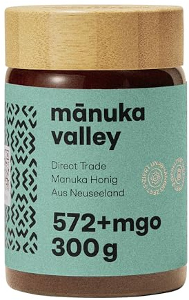 MANUKA VALLEY – Manuka Honig mit 572+ MGO im Glas. 300 g. Laborgeprüft und zertifiziert – 100 % natürlicher Manuka-Honig aus Neuseeland. Karamelliger Manukahonig mit feinem, erdigem Nachgeschmack