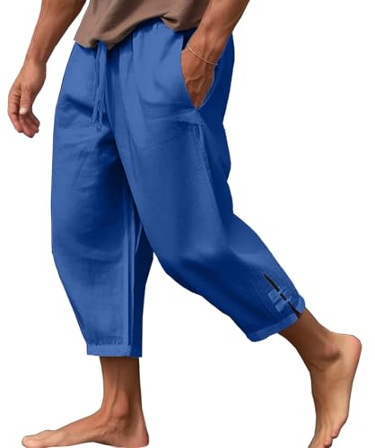 Joligiao Pantalon Homme Lin Et Coton Pantalon en Lin Décontracté Pantalons Taille Elastique Pantalons Chino Slim Fit avec Poches Cargo Plage avec Cordon de Serrage Casual Yoga Léger Respirant Pants