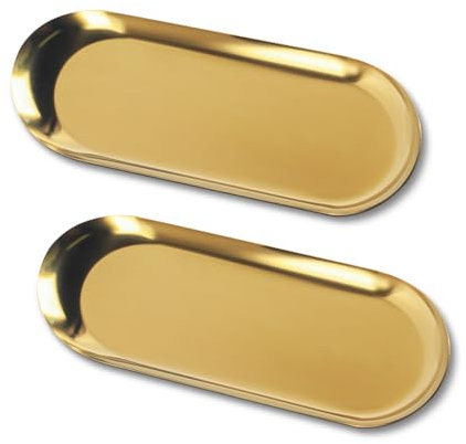 2 Pcs Gold Trays Decorative Trays, Trinket Tray, Gold Trinket Serving Tray, Small Stainless Steel Oval Ornaments Plates for Jewellery Coffee Table Candle Key Cosmetics Dish Plate Bedroom Bathroom