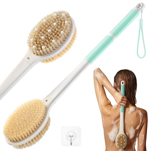 Back Scrubber for Massage Dry Brushing: Body Brush for Shower with 18.1in Anti Slip Long Handle - Bath Brush Washer for Exfoliating Lymphatic Drainage Improving Skin Health for Women Men Elderly Green