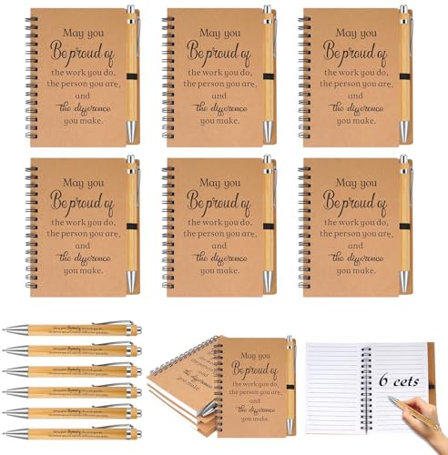 6 Artículos Cuaderno,cuaderno de espiral de papel kraft A6 con mensaje inspirador y 6 Bolígrafo de madera,70 Hojas,Perfectos para amigos,compañeros de trabajo y miembros del equipo