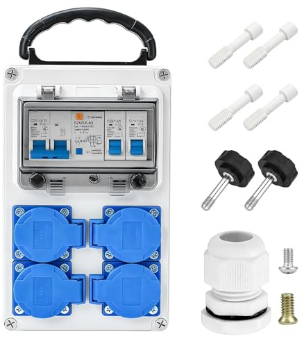 Distribuidor de corriente para construcción, 4 x Schuko 230 V, 16 A, distribuidor de pared con interruptor FI, distribuidor de corriente fuerte, IP66 cajas de distribución de pared, distribuidor de