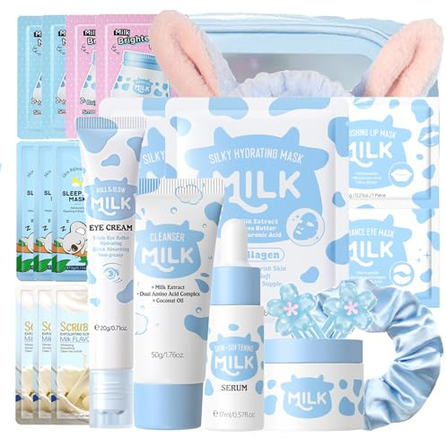 23PCS Milk Skincare Set - Nourishing & Moisturizing Skin Care Sets & Kits - Pamper Gifts for Women - Travel Skincare Set Daily Face Care - Teenage Girls Gifts - Deep Hydrating Smoothing