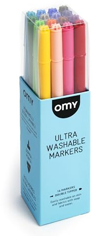 Omy Signature Double Tipped Ultrawashable Felt Markers | Box of 16 Bright Vibrant Colors | Easily Washable with Soap and Water | Perfect for Kids, Artists & Creative Projects | Ages 3 and Up