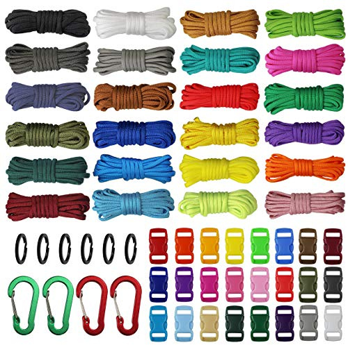24 Colors Paracord Cord Nylon Rope 4mm 7-Strand Ropes Parachute Cord Outdoor Survival Rope with Buckles Keyrings Carabiner Clips DIY Paracord Bracelets, Key Chain, Dog Collar, DIY Lanyards (Kit B)
