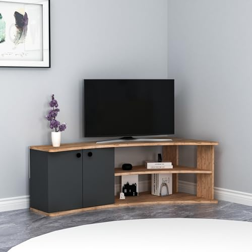Dion Corner TV Stand Entertainment Center Media Console TV Lowboard with Storage Cabinets and Shelves for TVs up to 60, H 48.6 cm | W 135 cm | D 67.7 cm, (Atlantic Pine & Anthracite)